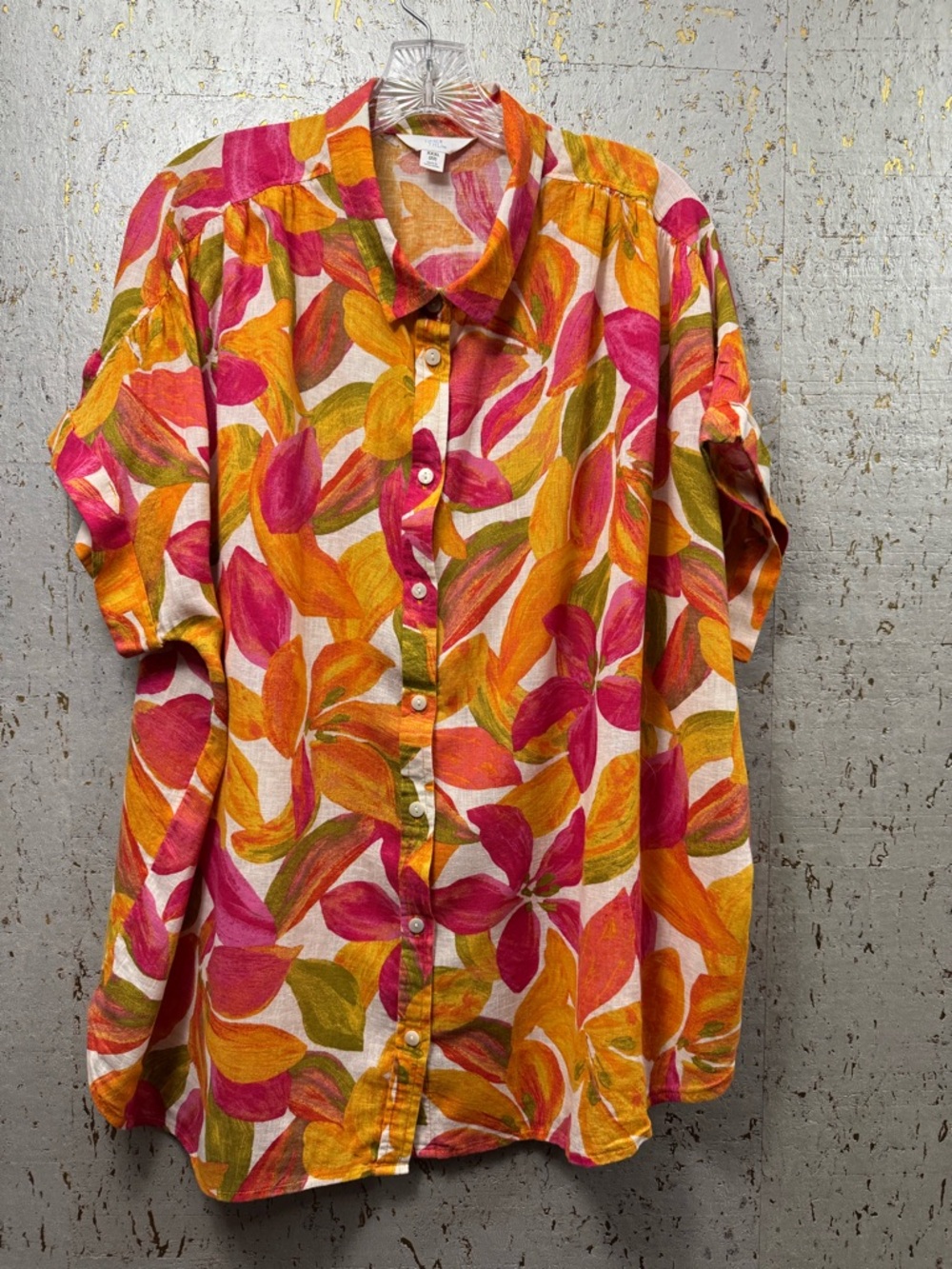 Time and Tru Linen Blend Button-Down Shirt in Pink, Orange Green Floral